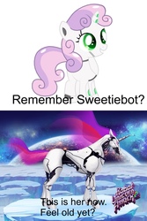 Size: 640x960 | Tagged: safe, sweetie belle, pony, robot, robot pony, unicorn, g4, blank flank, feel old yet?, female, filly, foal, hooves, horn, meme, robot unicorn attack, simple background, smiling, solo, sweetie bot, teeth, text, white background