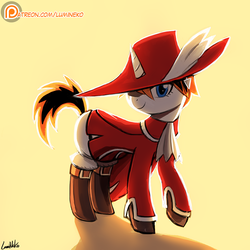 Size: 750x750 | Tagged: safe, artist:lumineko, oc, oc only, oc:sharp note, pony, unicorn, clothes, commission, final fantasy, looking at you, patreon, patreon logo, raised hoof, red mage, signature, simple background, smiling, solo