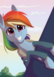Size: 1024x1448 | Tagged: safe, artist:chiweee, rainbow dash, pegasus, pony, g4, top bolt, bomber jacket, clothes, cute, dashabetes, disney style, ear fluff, excited, female, grin, jacket, mare, smiling, solo, style emulation, teeth