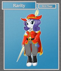 Size: 1108x1280 | Tagged: safe, artist:brownie-bytes, part of a set, rarity, anthro, unguligrade anthro, g4, crossover, female, final fantasy, hat, rapier, red mage, solo, sword, weapon
