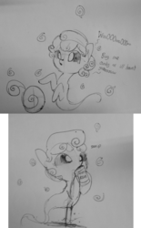 Size: 1280x2065 | Tagged: safe, artist:tjpones, oc, oc only, ghost, pony, black and white, black sclera, drinking, dripping, floating, grayscale, hoof hold, lineart, monochrome, sipping, soda, spilled drink, traditional art