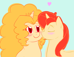Size: 1953x1505 | Tagged: safe, artist:catlover1672, adagio dazzle, sunset shimmer, pony, unicorn, equestria girls, g4, blushing, clothes, equestria girls ponified, eyes closed, female, heart, kissing, lesbian, mare, ponified, ship:sunsagio, shipping, smiling, unidagio