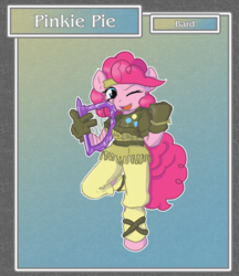 Size: 1688x1950 | Tagged: safe, artist:brownie-bytes, part of a set, pinkie pie, earth pony, anthro, unguligrade anthro, g4, bard, bard pie, crossover, fantasy class, female, final fantasy, harp, musical instrument, solo