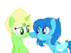 Size: 1600x1200 | Tagged: safe, artist:forestheart74, gem (race), gem pony, pegasus, pony, unicorn, artificial wings, augmented, boop, crossover, duo, duo female, female, gem, hydrokinesis, lapidot, lapis lazuli, lapis lazuli (steven universe), lesbian, magic, magic wings, mare, non-mlp shipping, peridot, peridot (steven universe), ponified, scrunchy face, shipping, steven universe, water, wings