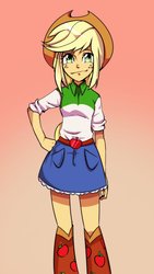 Size: 720x1280 | Tagged: safe, artist:setoya, applejack, equestria girls, g4, boots, clothes, cowboy hat, denim skirt, female, hand on hip, hat, looking at you, skirt, solo, stetson