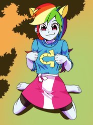 Size: 700x945 | Tagged: safe, artist:setoya, rainbow dash, equestria girls, g4, barefoot, clothes, feet, female, missing shoes, solo, sweater, wondercolts