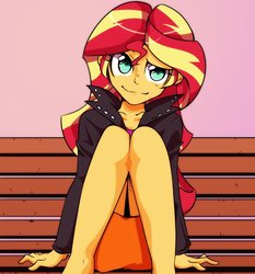 Size: 700x750 | Tagged: safe, artist:setoya, sunset shimmer, equestria girls, g4, bare legs, bench, clothes, cute, female, jacket, leather jacket, legs, looking at you, skirt, smiling, solo