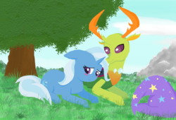 Size: 1400x950 | Tagged: safe, artist:eulicious, thorax, trixie, changedling, changeling, pony, unicorn, g4, to where and back again, blushing, female, floppy ears, grass, hatless, king thorax, male, missing accessory, mountain, prone, shipping, smiling, straight, thoraxie, tree, trixie's hat