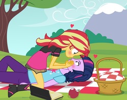Size: 2223x1757 | Tagged: dead source, safe, artist:drewmwhit, sunset shimmer, twilight sparkle, equestria girls, g4, apple, basket, blushing, book, boop, clothes, duo, dusk shine, equestria guys, fruit, half r63 shipping, heart, male, noseboop, pants, picnic, placemat, prince dusk, rule 63, ship:duskshimmer, ship:sunsetsparkle, shipping, straight