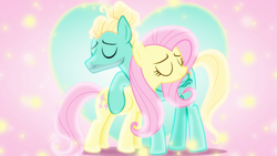 Size: 1600x900 | Tagged: safe, artist:chebut, artist:sailortrekkie92, fluttershy, zephyr breeze, pegasus, pony, g4, brother and sister, duo, eyes closed, female, heart, hug, male, mare, siblings, stallion, vector, wallpaper