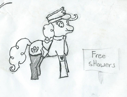 Size: 945x722 | Tagged: safe, pinkie pie, earth pony, pony, g4, clothes, dictator, female, gun, holocaust joke, implied golden shower, leader, mare, monochrome, sketch, solo, stockings, weapon