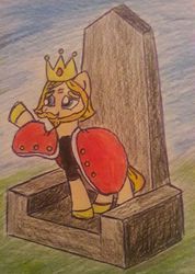 Size: 910x1280 | Tagged: safe, artist:marcus todjel, oc, oc only, oc:marcus todjel, pony, cape, clothes, crown, jewelry, ponified, regalia, solo, throne, traditional art