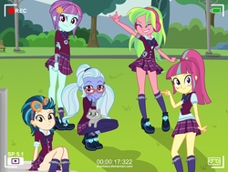 Size: 1794x1355 | Tagged: safe, artist:charliexe, indigo zap, lemon zest, sour sweet, sugarcoat, sunny flare, cat, human, equestria girls, g4, my little pony equestria girls: friendship games, camera shot, clothes, crystal prep academy uniform, crystal prep shadowbolts, cute, devil horn (gesture), faic, female, glasses, goggles, headphones, high heels, leggings, legs, looking at you, meme, miniskirt, pigtails, plaid skirt, pleated skirt, ponytail, school uniform, schrödinger's pantsu, shadow five, shoes, skirt, smiling, smirk, socks, squatting, sugarcute, that shadowbolt sure does love cats, thighs, twintails