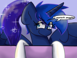 Size: 800x600 | Tagged: safe, artist:tranzmuteproductions, princess luna, g4, alternate hairstyle, clothes, female, ponytail, snuggles?, socks, solo