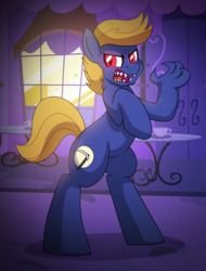 Size: 1517x1999 | Tagged: safe, artist:drawponies, oc, oc only, oc:moonsaber, pony, angry, bipedal, canterlot, monster, scenery, solo