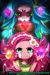 Size: 1366x2048 | Tagged: safe, artist:yitsune-melody, gaea everfree, gloriosa daisy, equestria girls, g4, my little pony equestria girls: legend of everfree, chibi, clothes, crying, cute, daisybetes, duality, magical geodes, pixiv, sad, self paradox, signature
