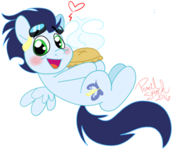 Size: 596x510 | Tagged: safe, artist:hufflepuffrave, soarin', pony, g4, backwards cutie mark, chibi, cute, food, goggles, looking at you, male, pie, simple background, soarinbetes, solo, that pony sure does love pies, transparent background