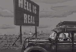Size: 1183x819 | Tagged: safe, artist:agm, trixie, human, g4, automobile, buick, buick roadmaster, car, church, clothes, female, humanized, monochrome, sign, solo, vest, wandering trixie