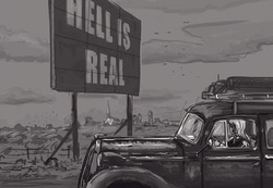 Size: 1183x819 | Tagged: safe, artist:agm, trixie, human, wandering trixie, g4, automobile, buick, buick roadmaster, car, church, clothes, female, humanized, monochrome, sign, solo, vest