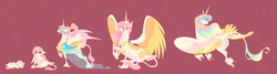 Size: 4688x1263 | Tagged: safe, artist:thiscrispykat, princess celestia, classical unicorn, g4, age progression, alternate hairstyle, cewestia, cloven hooves, colored wings, colored wingtips, cute, cutelestia, female, filly, floppy ears, flying, gradient background, horn, leonine tail, pink-mane celestia, ponytail, prone, raised hoof, sitting, solo, spread wings, tail feathers, unshorn fetlocks, younger