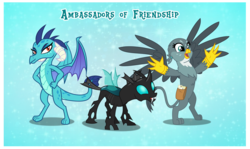 Size: 2544x1520 | Tagged: safe, artist:andoanimalia, gabby, princess ember, thorax, changeling, dragon, griffon, g4, blue background, dragoness, female, male, simple background, trio