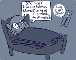 Size: 880x696 | Tagged: safe, artist:lilfunkman, oc, oc only, bed, blanket, first world problems, monochrome, on back, solo, thermometer, truth