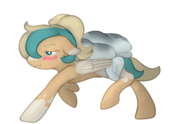 Size: 1525x1095 | Tagged: artist needed, safe, oc, oc only, pegasus, pony, annoyed, bedsheets, blushing, embarrassed, implied bedwetting, simple background, solo, transparent background, urine