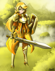 Size: 1530x1990 | Tagged: safe, artist:ciderpunk, derpibooru exclusive, oc, oc only, oc:applesunrise, elf, human, armor, elf ears, humanized, humanized oc, not applejack, shield, solo, sword, weapon