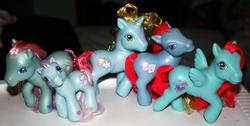 Size: 1115x561 | Tagged: safe, photographer:lilcricketnoise, banjo blue, love wishes, thistle whistle, whistle wishes, winter ice, earth pony, pegasus, pony, unicorn, g3, irl, photo, toy