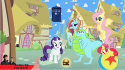 Size: 1277x711 | Tagged: source needed, useless source url, safe, artist:theunknowenone1, apple bloom, fluttershy, rarity, sassy saddles, whoa nelly, dragon, earth pony, pegasus, pony, unicorn, g4, ball, burger, devon and cornwall, doctor who, dragonified, easter, easter egg, female, filly, food, hamburger, joke, luxo's ball, male, mare, patrick star, pixar, quest for camelot, sassy nelly, sherlock, species swap, spongebob squarepants, tardis, toy story, two-headed dragon, wat