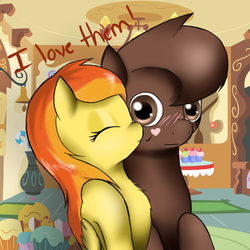 Size: 800x800 | Tagged: safe, artist:spittfireart, spitfire, oc, oc:chocolate pony, chocolate pony, food pony, original species, g4, :|, ask, blushing, canon x oc, cheek kiss, cute, eyes closed, female, fluffy, food, heart, kissing, male, nuzzling, raised hoof, shipping, sitting, smiling, straight, surprise kiss, surprised, tumblr, wide eyes