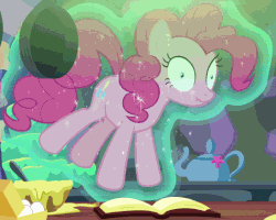 Size: 525x419 | Tagged: safe, screencap, pinkie pie, earth pony, pony, every little thing she does, g4, season 6, animated, cropped, female, fiducia compellia, frown, gif, hypnosis, hypnotized, levitation, magic, mare, muffled words, offscreen character, perfect loop, scrunchy face, solo, telekinesis, wide eyes