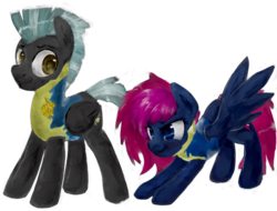 Size: 1024x779 | Tagged: safe, artist:toisanemoif, thunderlane, oc, oc:lare, oc:neon flare, pegasus, pony, g4, clothes, simple background, transparent background, wonderbolts uniform