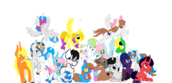 Size: 1750x850 | Tagged: safe, artist:haillee, oc, oc only, earth pony, pegasus, pony, unicorn, amino, curator, female, friends, happy, male, mare, simple background, stallion, white background