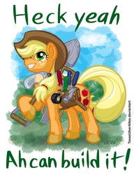 Size: 720x937 | Tagged: safe, artist:texasuberalles, applejack, earth pony, pony, g4, crosscut saw, female, goggles, hammer, looking up, rope, saddle bag, saw, screwdriver, shears, shovel, smiling, solo, tape, unshorn fetlocks