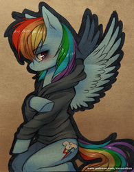 Size: 700x898 | Tagged: safe, artist:racoonsan, rainbow dash, pegasus, pony, g4, blushing, clothes, female, hoodie, kneeling, mare, solo, spread wings, sweater, traditional art