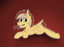 Size: 2000x1455 | Tagged: safe, artist:koonzypony, oc, oc only, oc:lace works, pegasus, pony, crossed hooves, ear piercing, flirting, flower, flower in mouth, lying down, mouth hold, piercing, rose, rose in mouth, simple background, smiling, smirk, solo, teeth