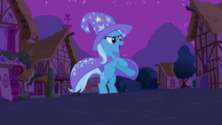 Size: 1280x720 | Tagged: safe, screencap, trixie, pony, unicorn, g4, magic duel, female, mare, rearing, solo, trixie's cape, trixie's hat