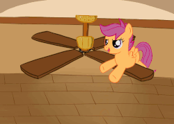 Size: 1400x1000 | Tagged: safe, artist:toisanemoif, edit, editor:watermelon changeling, scootaloo, pegasus, pony, g4, animated, ceiling fan, cute, cutealoo, female, gif, missing cutie mark, smiling, solo, this will end in tears and/or death