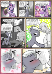 Size: 1363x1920 | Tagged: safe, artist:pencils, fluttershy, limestone pie, pinkie pie, twilight sparkle, oc, oc:anon, alicorn, earth pony, human, pegasus, pony, comic:anon's pie adventure, g4, blushing, book, bookhorse, bracer, candle, clothes, colored pupils, comic, cute, derp, empty eyes, eyes closed, eyes glazing over, female, heart, interspecies, kiss on the lips, kissing, lecture, love, making out, mare, mind control, no pupils, pants, shirt, shit just got real, shoes, sitting, speech bubble, surprised, thousand yard stare, twilight sparkle (alicorn)
