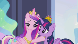 Size: 958x539 | Tagged: safe, screencap, princess cadance, princess celestia, twilight sparkle, alicorn, pony, g4, twilight's kingdom, duo focus, lidded eyes, sisters-in-law, twilight sparkle (alicorn)