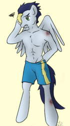 Size: 719x1280 | Tagged: safe, artist:mythologynerd101, soarin', anthro, unguligrade anthro, g4, clothes, male, partial nudity, solo, topless
