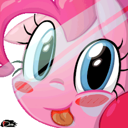 Size: 1000x1000 | Tagged: safe, artist:ggumbaramggun, pinkie pie, g4, :p, animated, blush sticker, blushing, cute, diapinkes, drool, female, fourth wall, gif, glass, licking, looking at you, simple background, smiling, solo, tongue out, transparent background