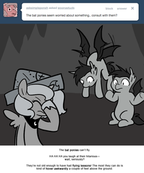 Size: 666x800 | Tagged: safe, artist:egophiliac, princess luna, oc, oc:frolicsome meadowlark, oc:sunshine smiles (egophiliac), bat pony, pony, moonstuck, g4, cartographer's cap, facehoof, filly, grayscale, hat, monochrome, shrug, woona, younger