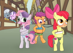 Size: 4033x2915 | Tagged: safe, artist:elephanteddie, part of a set, apple bloom, diamond tiara, scootaloo, silver spoon, sweetie belle, pony, g4, back alley, bipedal, blue underwear, blushing, boyshorts, bra, button underwear, buttons, clothes, clothing theft, covering, crop top bra, cutie mark, cutie mark crusaders, embarrassed, embarrassed underwear exposure, evil grin, eyes closed, female, filly, frilly underwear, green underwear, grin, humiliation, mismatched underwear, panties, pink underwear, ponyville, ribbon, silly panties, smiling, the cmc's cutie marks, thong, underwear, vulgar description, we don't normally wear clothes, white underwear
