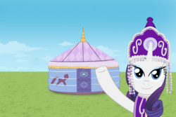 Size: 3000x2000 | Tagged: safe, artist:yinglung, rarity, pony, unicorn, g4, female, grassland, high res, mongol, solo, steppe, waving, yurt