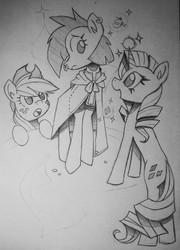 Size: 924x1280 | Tagged: safe, artist:spill-skill, applejack, rarity, oc, oc:crackiepipe, g4, traditional art