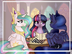 Size: 1600x1200 | Tagged: safe, artist:cecilycabbage, princess celestia, princess luna, twilight sparkle, g4, :/, checkers, floppy ears, sitting, smirk, starry eyes, table, wingding eyes