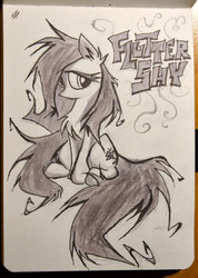 Size: 1280x1799 | Tagged: safe, artist:kejifox, fluttershy, g4, chest fluff, female, looking away, monochrome, name, no mouth, sitting, solo, traditional art