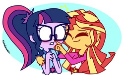 Size: 1223x745 | Tagged: safe, artist:psychodiamondstar, sci-twi, sunset shimmer, twilight sparkle, equestria girls, g4, my little pony equestria girls: legend of everfree, blushing, boop, clothes, eyes closed, female, lesbian, open mouth, ship:sci-twishimmer, ship:sunsetsparkle, shipping, smiling, sunscreen